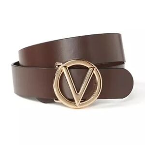 Valentino By Mario Brown Leather Belt with Gold V Logo Buckle Size XS